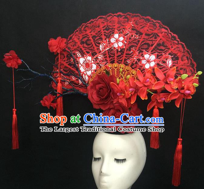 Chinese Traditional Stage Court Deluxe Top Hat Handmade Cheongsam Catwalks Red Lace Fan Headwear Fashion Show Giant Hair Crown