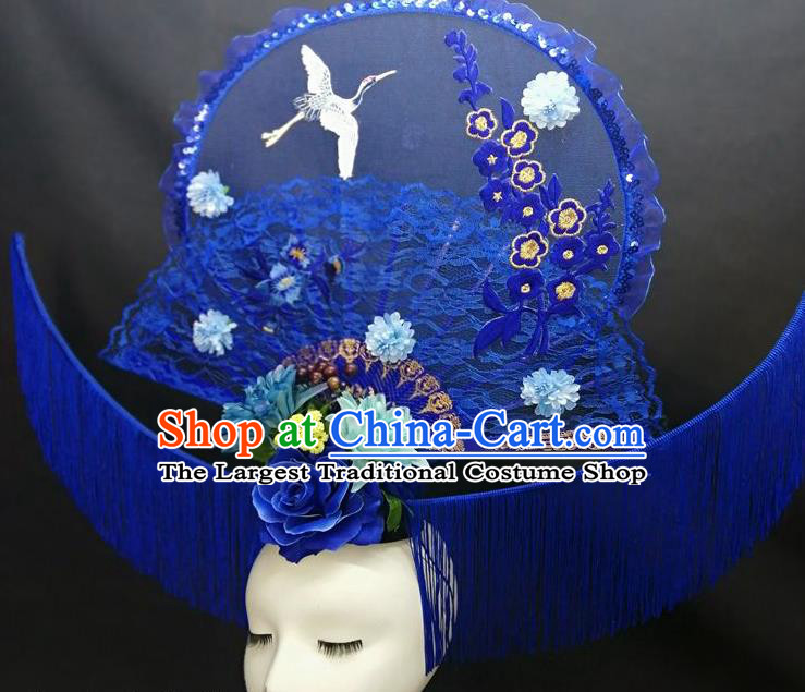 Chinese Handmade Fashion Show Giant Hair Crown Traditional Stage Court Deluxe Tassel Top Hat Cheongsam Catwalks Blue Lace Fan Headwear