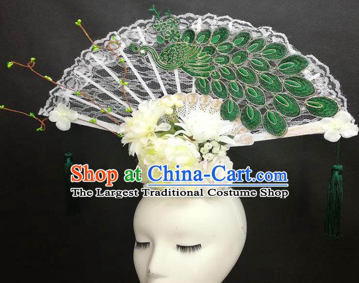 Chinese Cheongsam Catwalks Lace Fan Headwear Handmade Fashion Show Giant Hair Crown Traditional Stage Court Deluxe Green Peacock Top Hat