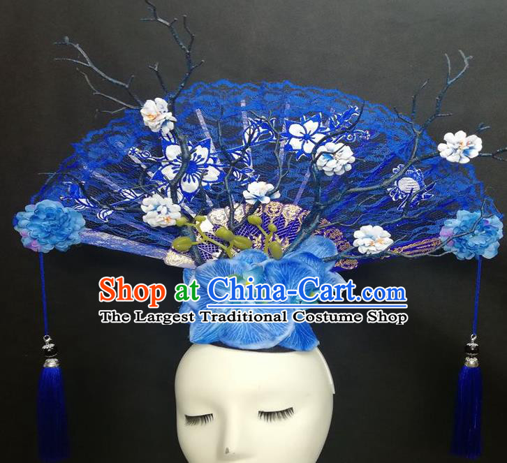 Chinese Traditional Stage Court Top Hat Cheongsam Catwalks Deluxe Blue Lace Fan Headwear Handmade Fashion Show Giant Hair Crown
