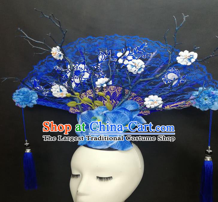 Chinese Traditional Stage Court Top Hat Cheongsam Catwalks Deluxe Blue Lace Fan Headwear Handmade Fashion Show Giant Hair Crown