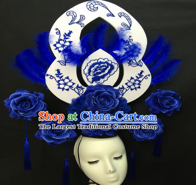 Chinese Handmade Fashion Show Giant Feather Hair Crown Traditional Stage Court Top Hat Cheongsam Catwalks Deluxe Blue Peony Headwear