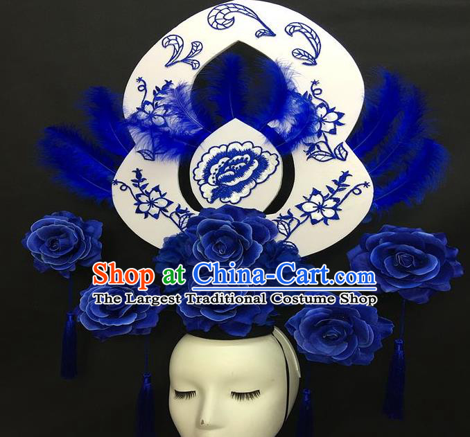 Chinese Handmade Fashion Show Giant Feather Hair Crown Traditional Stage Court Top Hat Cheongsam Catwalks Deluxe Blue Peony Headwear