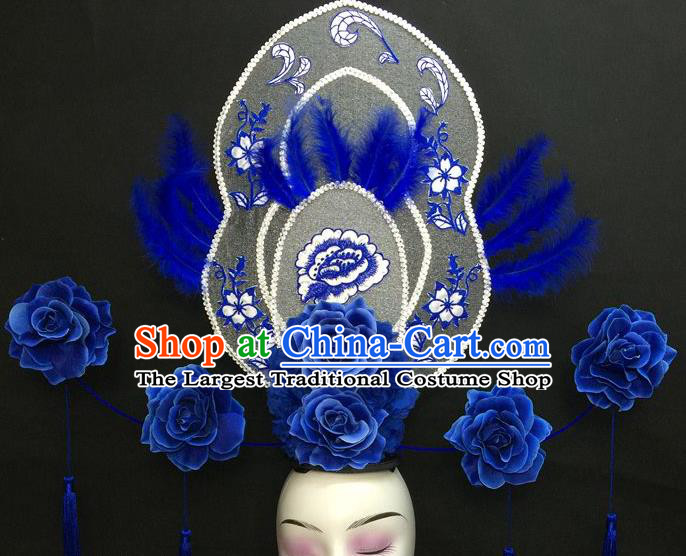 Chinese Handmade Fashion Show Giant Blue Feather Hair Crown Traditional Stage Court Peony Flowers Top Hat Cheongsam Catwalks Deluxe Headwear