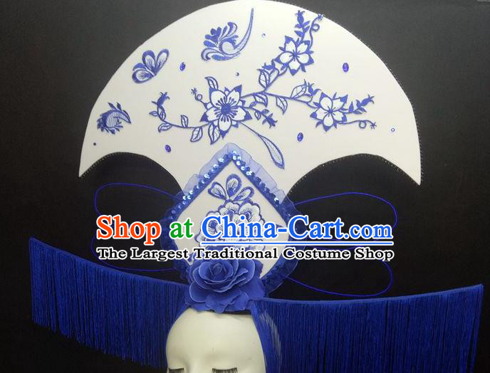 Chinese Cheongsam Catwalks Deluxe Tassel Headwear Handmade Fashion Show Giant Hair Crown Traditional Stage Court Blue Peony Top Hat