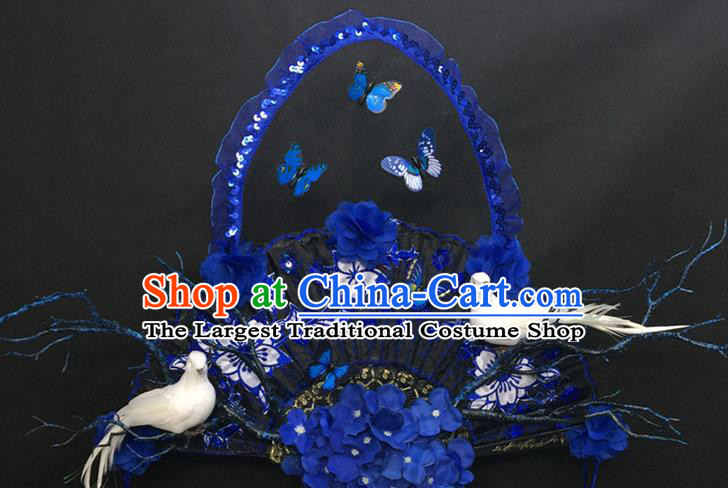 Chinese Traditional Stage Court Blue Butterfly Top Hat Cheongsam Catwalks Deluxe Headwear Handmade Fashion Show Giant Lace Fan Hair Crown