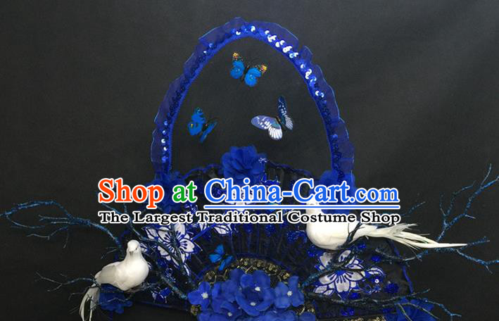 Chinese Traditional Stage Court Blue Butterfly Top Hat Cheongsam Catwalks Deluxe Headwear Handmade Fashion Show Giant Lace Fan Hair Crown
