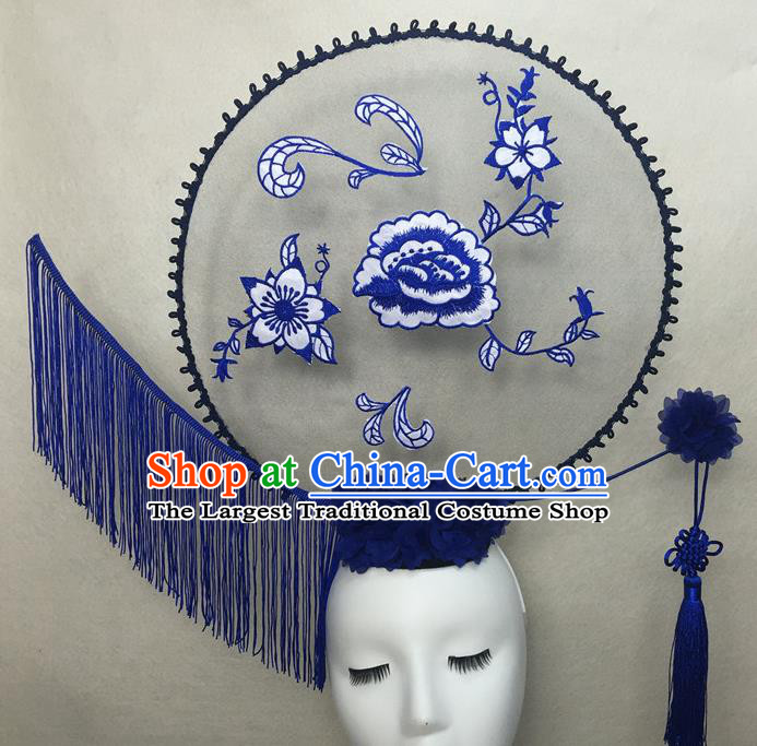 Chinese Cheongsam Catwalks Deluxe Tassel Headwear Handmade Fashion Show Giant Hair Crown Traditional Stage Court Embroidered Peony Top Hat