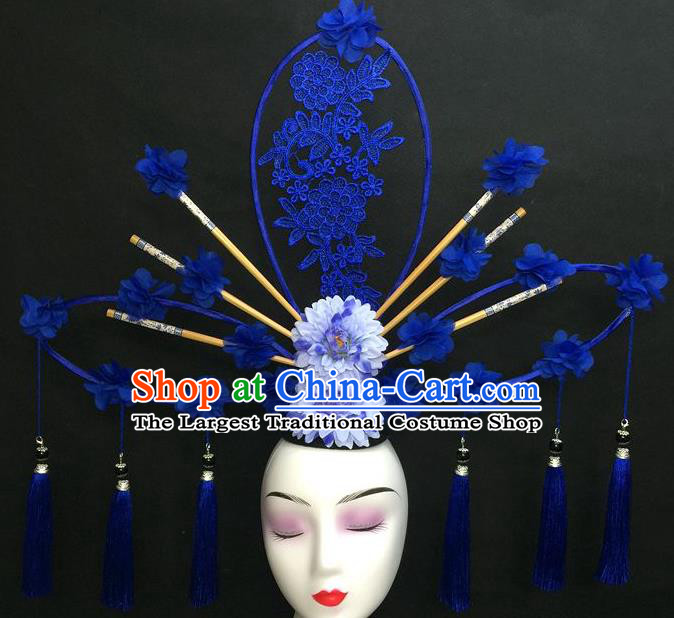 Chinese Traditional Court Giant Fan Top Hat Handmade Catwalks Deluxe Fashion Headwear Qipao Stage Show Blue Tassel Hair Crown