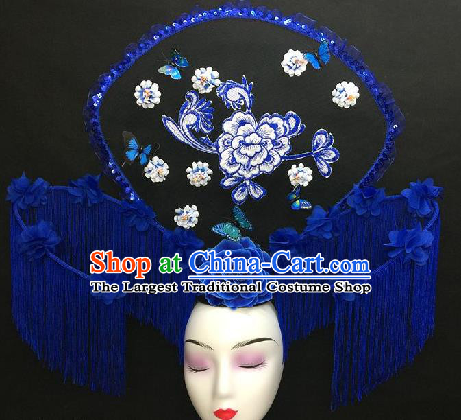 Chinese Qipao Stage Show Embroidered Hair Crown Traditional Court Giant Fan Top Hat Handmade Catwalks Deluxe Tassel Fashion Headwear