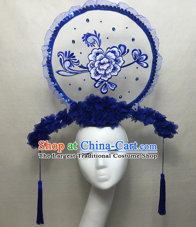 Chinese Handmade Fashion Show Giant Fan Hair Crown Traditional Stage Court Top Hat Cheongsam Catwalks Deluxe Blue Flowers Headwear