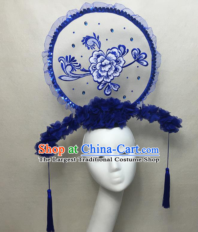 Chinese Handmade Fashion Show Giant Fan Hair Crown Traditional Stage Court Top Hat Cheongsam Catwalks Deluxe Blue Flowers Headwear