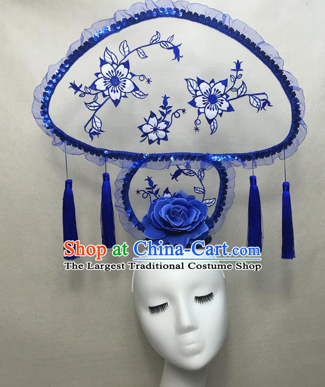Chinese Cheongsam Catwalks Deluxe Mushroom Headwear Handmade Fashion Show Giant Hair Crown Traditional Stage Court Tassel Top Hat