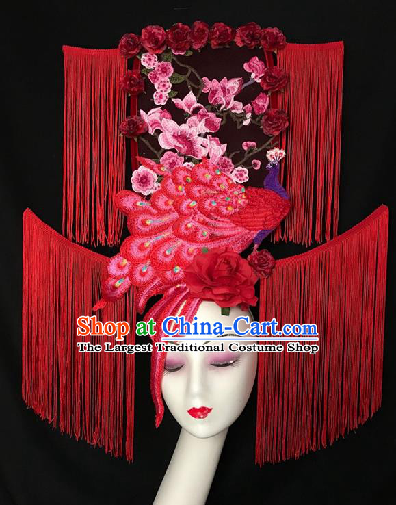 Chinese Catwalks Giant Fashion Headpiece Handmade Cheongsam Stage Show Tassel Hair Crown Traditional Court Red Peacock Hair Clasp