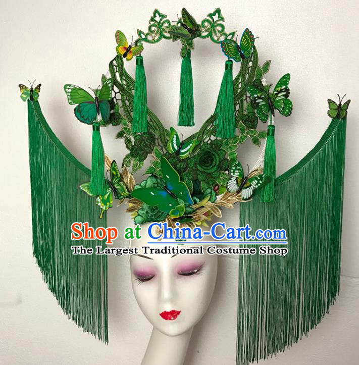Chinese Traditional Court Green Flowers Butterfly Hair Clasp Catwalks Giant Fashion Headpiece Handmade Cheongsam Stage Show Tassel Hair Crown