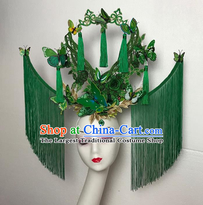Chinese Traditional Court Green Flowers Butterfly Hair Clasp Catwalks Giant Fashion Headpiece Handmade Cheongsam Stage Show Tassel Hair Crown