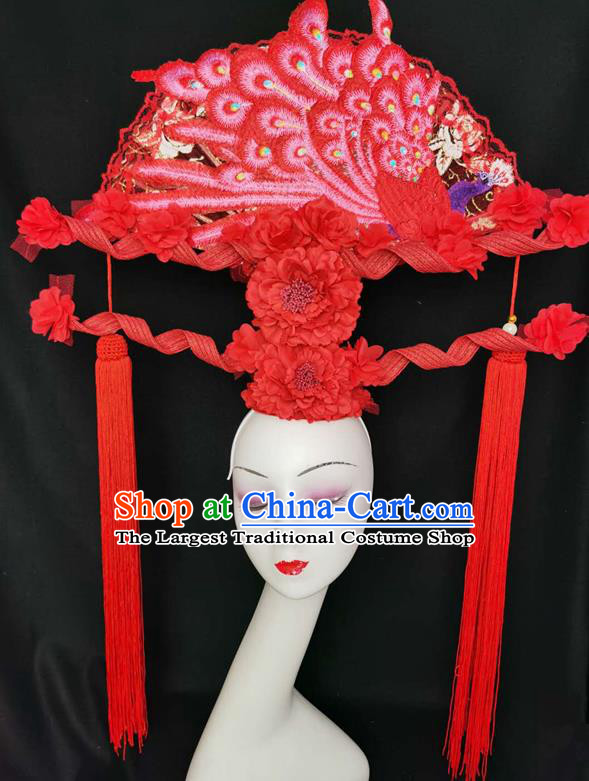 Chinese Handmade Cheongsam Show Red Peacock Fan Hair Crown Traditional Court Peony Tassel Hair Clasp Catwalks Giant Fashion Headpiece