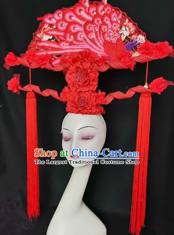 Chinese Handmade Cheongsam Show Red Peacock Fan Hair Crown Traditional Court Peony Tassel Hair Clasp Catwalks Giant Fashion Headpiece