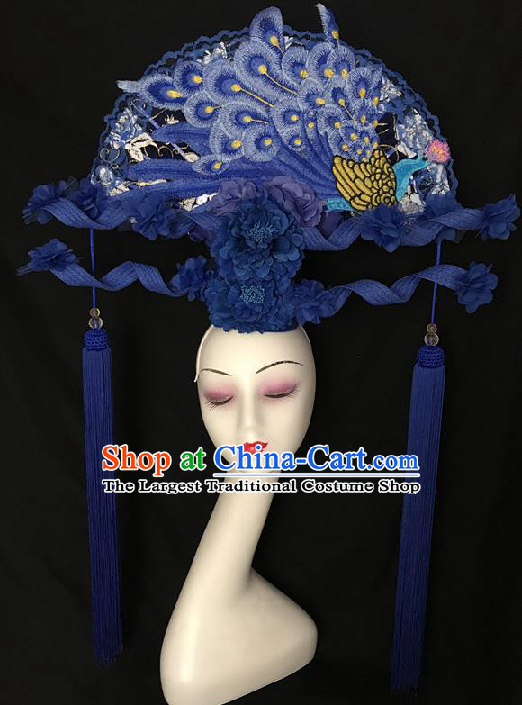 China Handmade Cheongsam Show Embroidered Peacock Fan Hair Crown Traditional Court Navy Tassel Hair Clasp Catwalks Giant Fashion Headwear