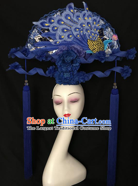 China Handmade Cheongsam Show Embroidered Peacock Fan Hair Crown Traditional Court Navy Tassel Hair Clasp Catwalks Giant Fashion Headwear