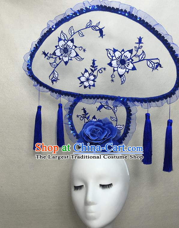 Chinese Cheongsam Catwalks Deluxe Mushroom Headwear Handmade Fashion Show Giant Hair Crown Traditional Stage Court Tassel Top Hat