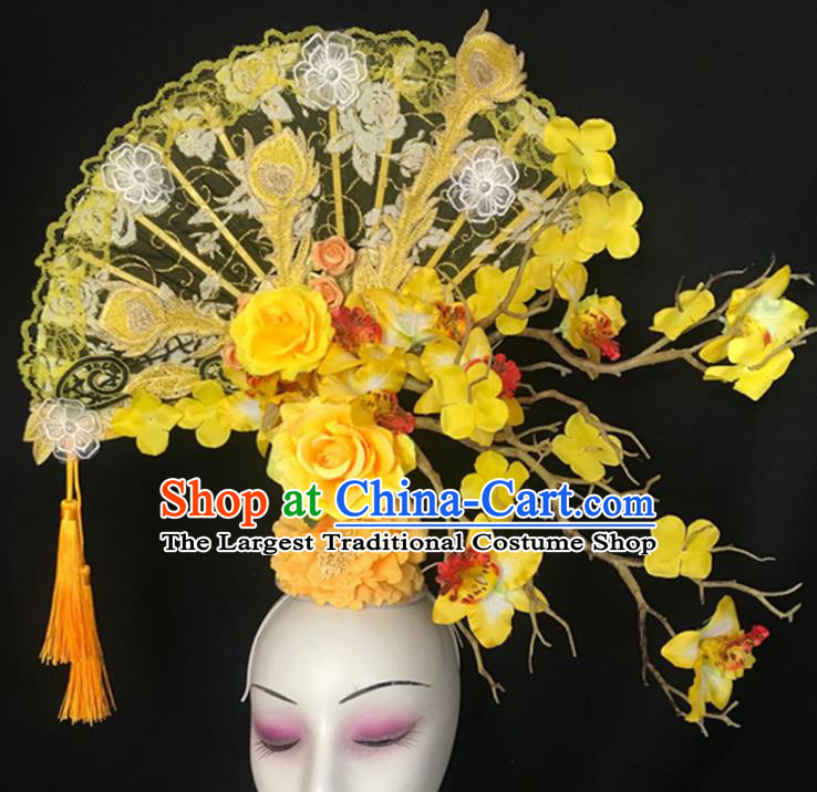 China Catwalks Giant Fashion Headwear Handmade Cheongsam Show Lace Fan Hair Crown Traditional Court Yellow Flowers Hair Clasp