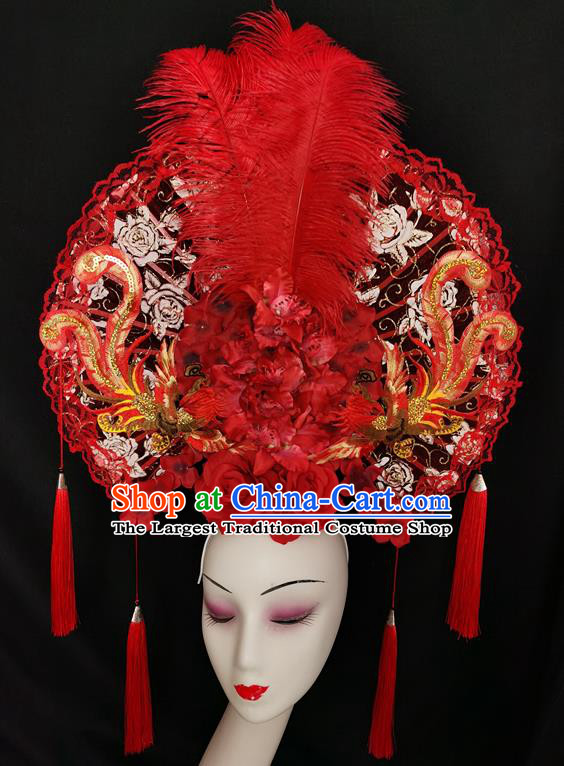 China Traditional Court Red Feather Hair Clasp Catwalks Giant Fashion Headwear Handmade Cheongsam Show Lace Fan Phoenix Hair Crown