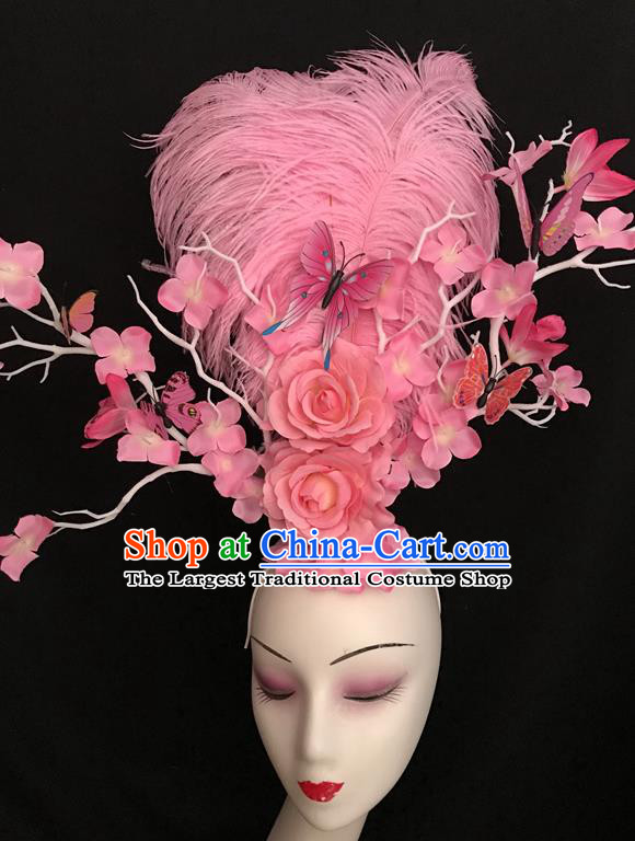 Top Halloween Cosplay Hair Accessories Catwalks Pink Feather Royal Crown Rio Carnival Rose Hair Clasp Brazil Parade Headdress