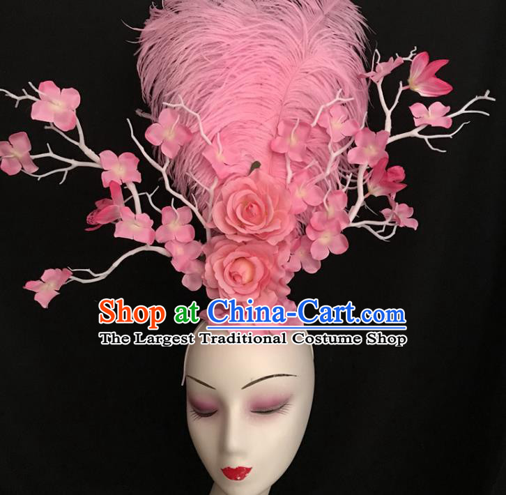 Top Halloween Cosplay Hair Accessories Catwalks Pink Feather Royal Crown Rio Carnival Rose Hair Clasp Brazil Parade Headdress
