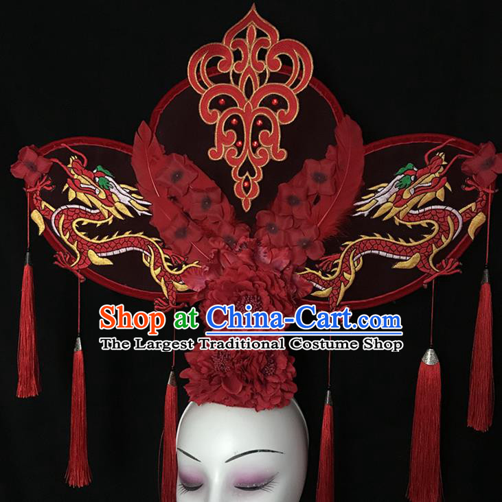 China Handmade Cheongsam Show Red Dragon Hair Crown Traditional Court Fan Tassel Hair Clasp Catwalks Giant Fashion Headwear