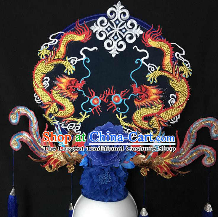China Handmade Catwalks Giant Fashion Headwear Cheongsam Show Dragon Phoenix Hair Crown Traditional Court Fan Tassel Hair Clasp