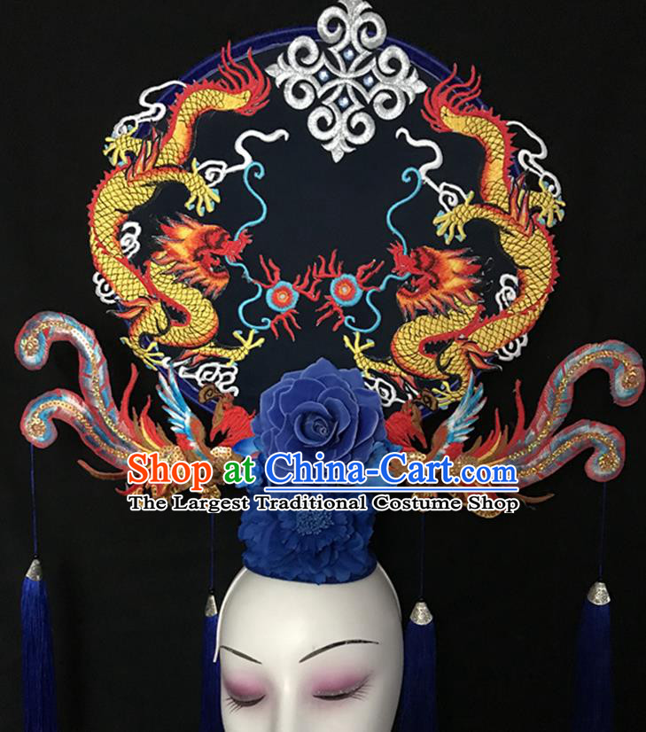 China Handmade Catwalks Giant Fashion Headwear Cheongsam Show Dragon Phoenix Hair Crown Traditional Court Fan Tassel Hair Clasp