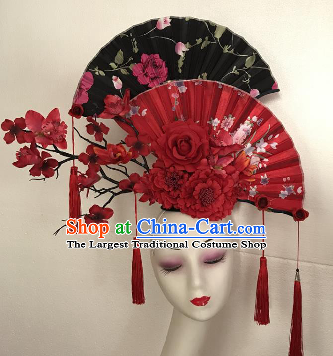 China Traditional Court Fan Hair Clasp Handmade Catwalks Giant Fashion Headwear Cheongsam Show Tassel Hair Crown