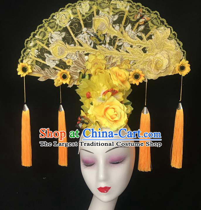 China Cheongsam Show Lace Phoenix Fan Hair Crown Traditional Court Yellow Flowers Hair Clasp Handmade Catwalks Giant Fashion Headwear