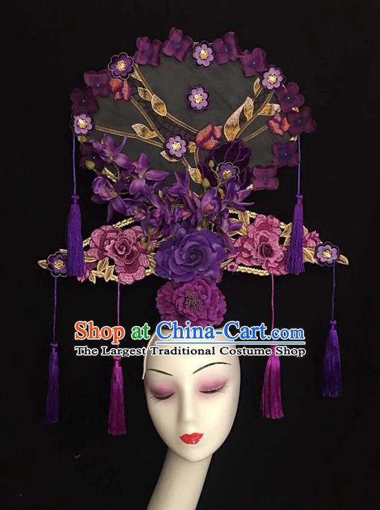 China Handmade Catwalks Giant Fashion Headdress Cheongsam Show Embroidered Fan Hair Crown Traditional Court Purple Peony Hair Clasp