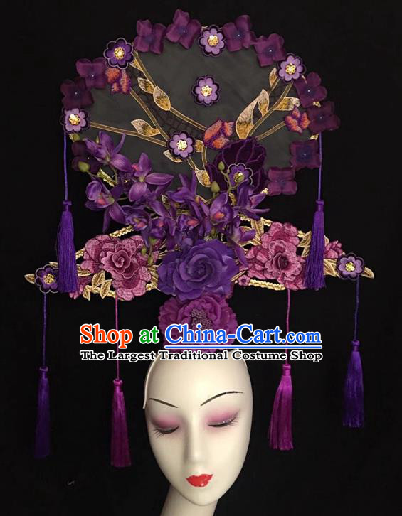 China Handmade Catwalks Giant Fashion Headdress Cheongsam Show Embroidered Fan Hair Crown Traditional Court Purple Peony Hair Clasp