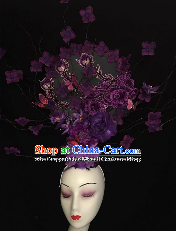 China Handmade Catwalks Giant Fashion Headdress Cheongsam Show Embroidered Fan Hair Crown Traditional Court Purple Peony Hair Clasp