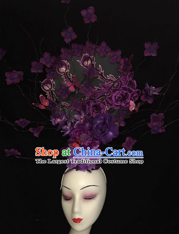 China Traditional Court Purple Peony Hair Clasp Handmade Catwalks Giant Fashion Headdress Cheongsam Show Embroidered Fan Hair Crown