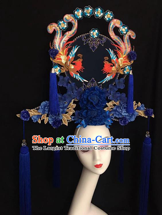 China Handmade Catwalks Giant Fashion Headdress Cheongsam Show Embroidered Phoenix Hair Crown Traditional Court Blue Peony Hair Clasp