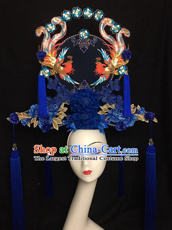 China Handmade Catwalks Giant Fashion Headdress Cheongsam Show Embroidered Phoenix Hair Crown Traditional Court Blue Peony Hair Clasp