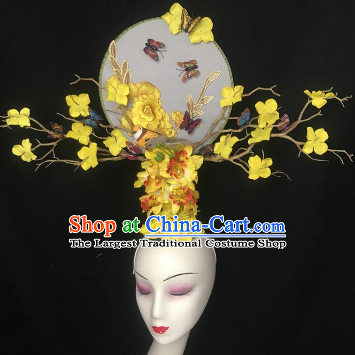 China Cheongsam Show Embroidered Peony Hair Crown Traditional Court Yellow Flowers Hair Clasp Handmade Catwalks Giant Fashion Headdress