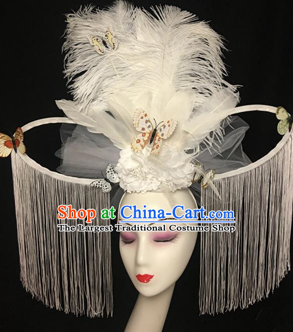 Top Halloween Cosplay Hair Accessories Catwalks White Butterfly Tassel Royal Crown Rio Carnival Feather Hair Clasp Brazil Parade Headdress