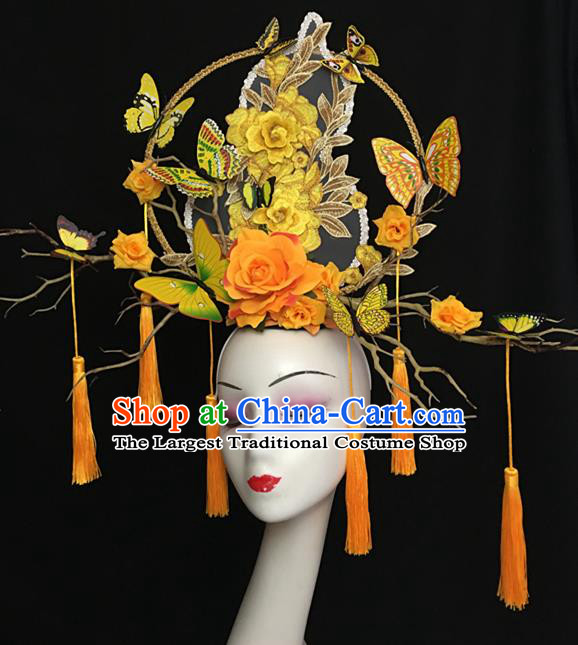 China Handmade Catwalks Bride Giant Fashion Headdress Cheongsam Show Orange Peony Hair Crown Traditional Court Tassel Hair Clasp