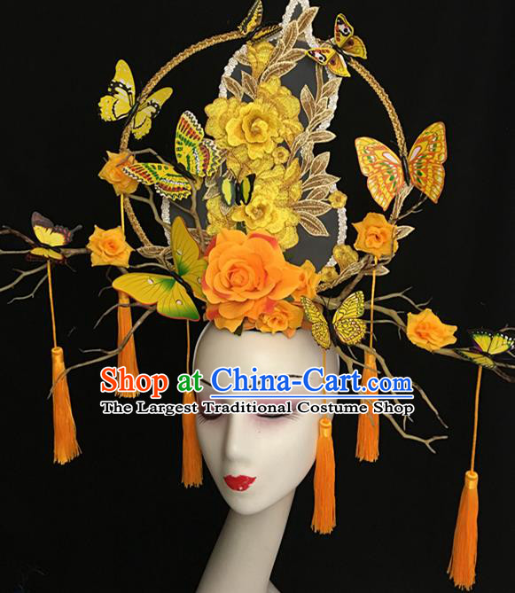 China Handmade Catwalks Bride Giant Fashion Headdress Cheongsam Show Orange Peony Hair Crown Traditional Court Tassel Hair Clasp