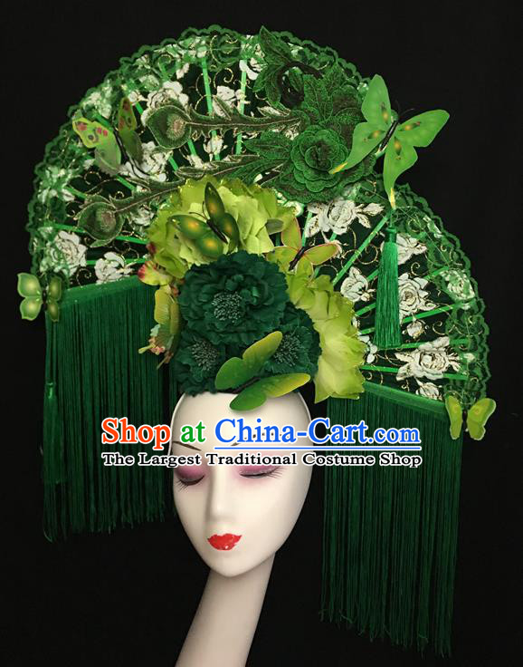 China Traditional Court Green Tassel Hair Clasp Handmade Catwalks Bride Giant Fashion Headdress Cheongsam Show Lace Phoenix Fan Hair Crown