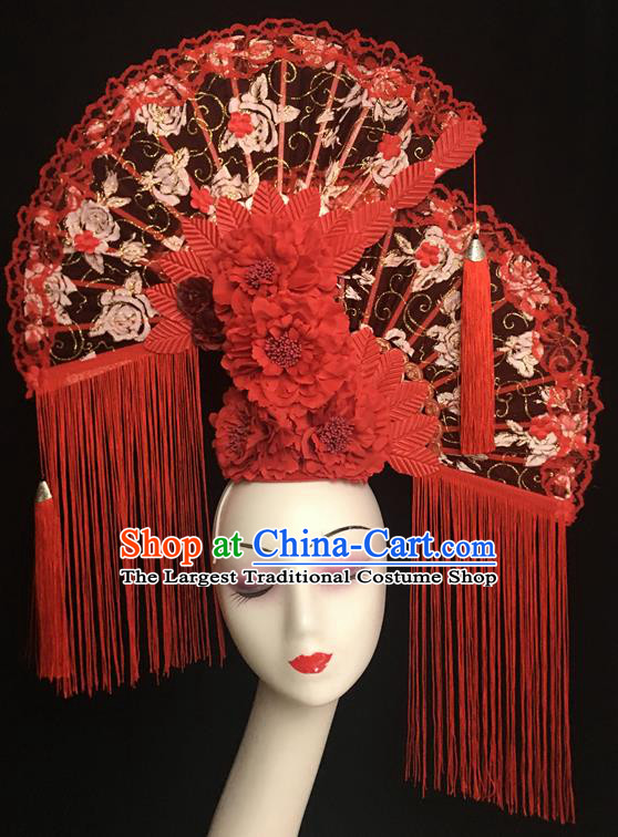 China Handmade Catwalks Bride Giant Fashion Headdress Cheongsam Show Red Peony Hair Crown Traditional Court Lace Fan Tassel Hair Clasp