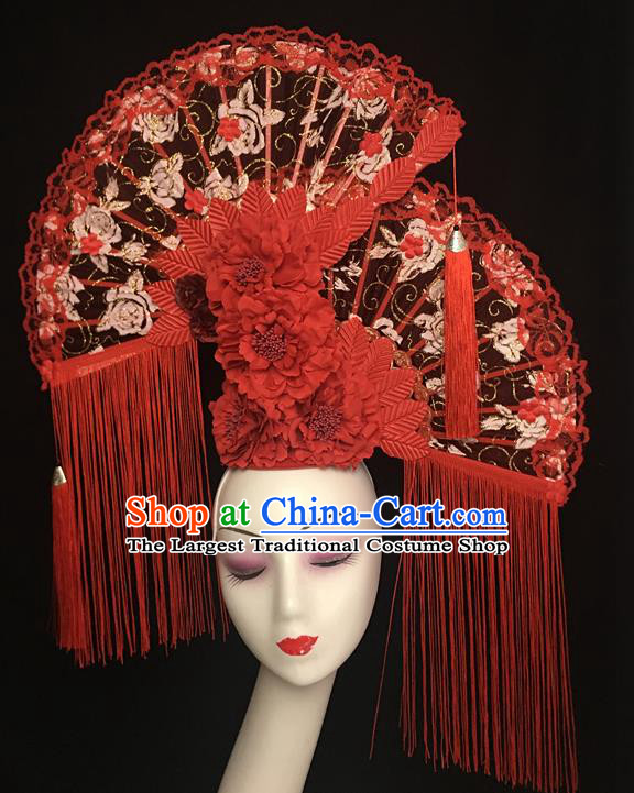 China Handmade Catwalks Bride Giant Fashion Headdress Cheongsam Show Red Peony Hair Crown Traditional Court Lace Fan Tassel Hair Clasp
