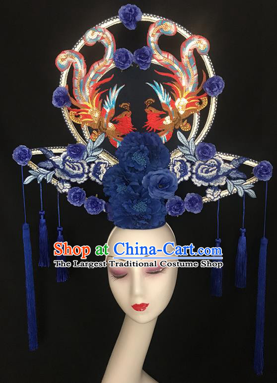Chinese Traditional Court Fan Hair Clasp Catwalks Giant Fashion Headpiece Handmade Cheongsam Show Navy Peony Tassel Hair Crown