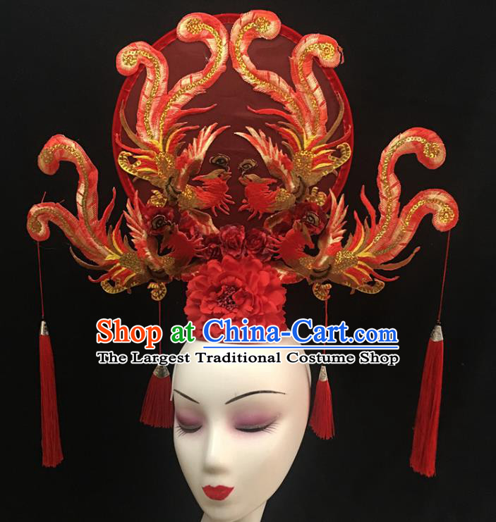 China Cheongsam Show Embroidered Phoenix Hair Crown Court Red Fan Hair Clasp Catwalks Fashion Headdress Handmade Bride Giant Headwear
