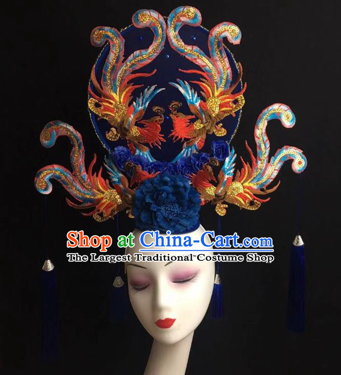 China Handmade Bride Giant Headwear Cheongsam Show Embroidered Phoenix Hair Crown Court Blue Fan Hair Clasp Catwalks Fashion Headdress